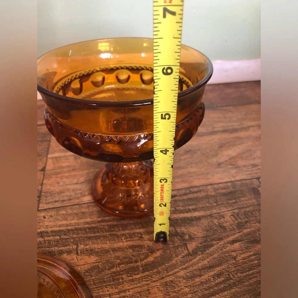 Indiana Glass Vtg 1950 Amber Kings Crown Thumbprint Pedestal Candy Dish W/ Lid